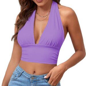 Women's Deep V Neck Halter Tie Back Sleeveless Backless Cami Crop Top
